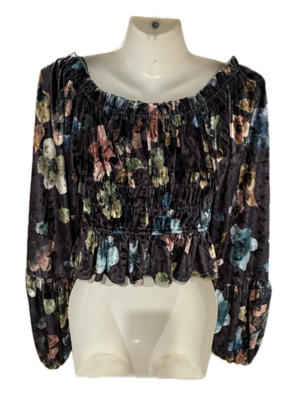 NWT-Nuuly Floral Printed  Velveteen Top with Puffed Long Sleeves -Size Small